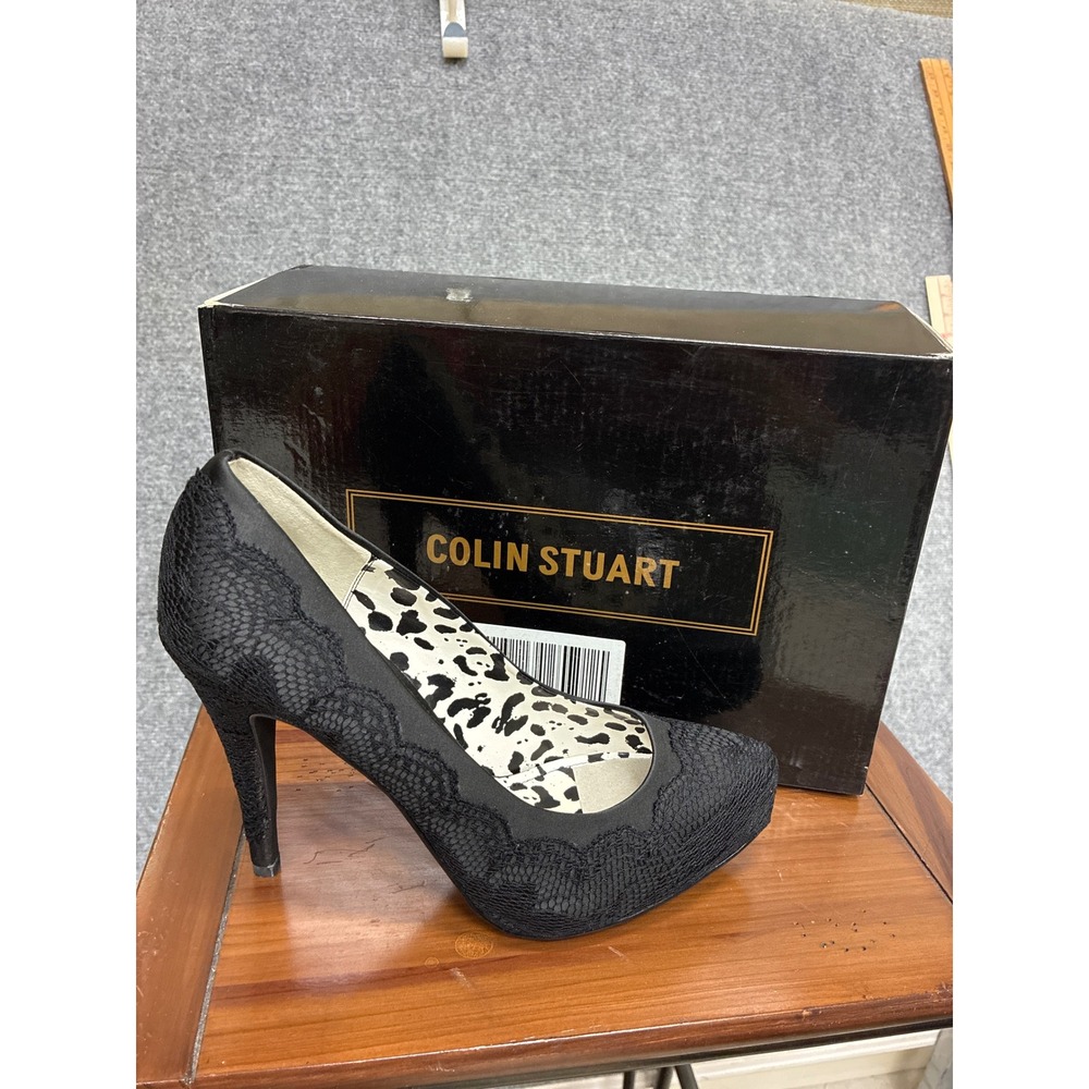 Colin Stuart ladBlack Lace Platform Pumps Leopard Print Insole Stiletto Heels 9B